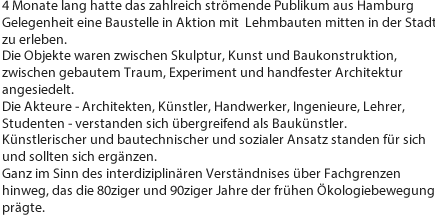 4 Monate lang hatte das zahlreich strömende Publikum aus Hamburg Gelegenheit eine Baustelle in Aktion mit  Lehmbauten mitten in der Stadt zu erleben.